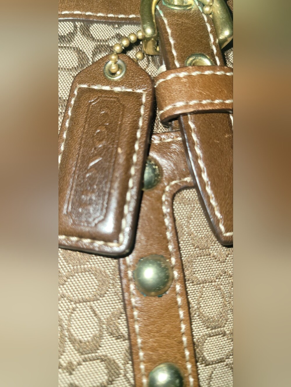 Coach Soho Khaki Signature C Studded Leather Lg Gallery Tote Bag Purse Rare - Picture 10 of 16